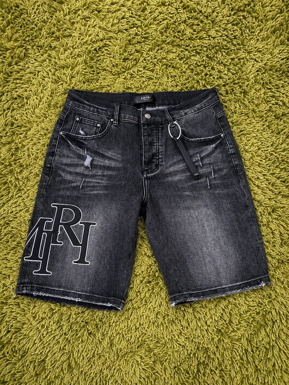 AMIRI Black Washed Distressed Denim Shorts with Logo Patch